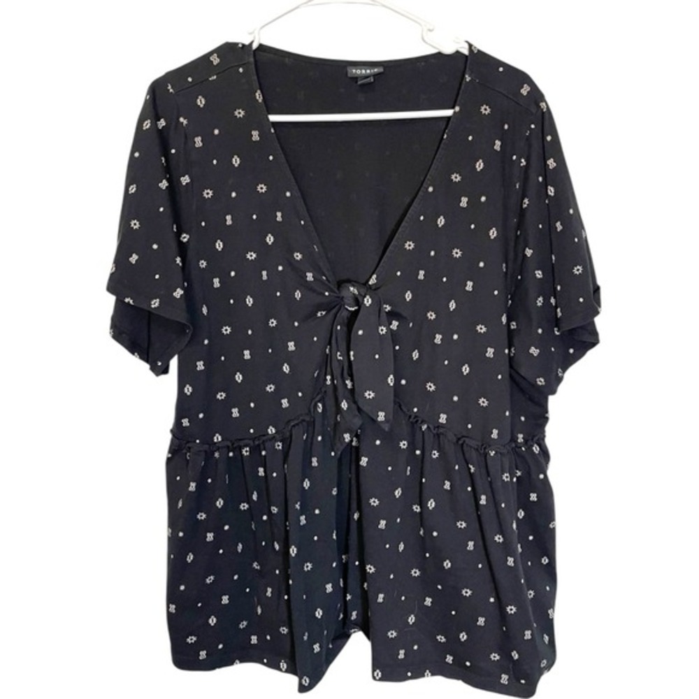 Torrid 2 Black Cotton Babydoll‎ Top Tie Front Peplum Star Print Boho Cottagecore